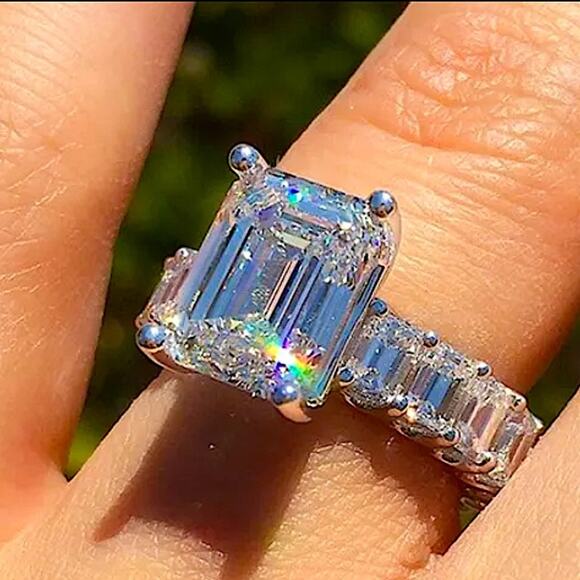 Sterling Silver Princess Cut Halo Baguette Diamond Ring - Picture 2 of 5